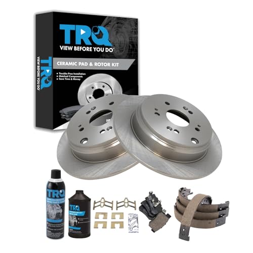 Image of TRQ Rear Brake Pad & Rotor Kit, with Chemical Kit Parking Brake Shoe Set Ceramic Compatible with 2010-2018 Acura RDX 2007-2016 Honda CR-V
