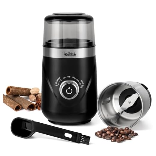 La Moustache - Molinillo de Café Eléctrico 150W | 80g con Cuchilla de Acero Inoxidable【Bajo Ruido 60dB】Contenedor Extraíble | Molido Fino/Grueso, Tiempo de 5-30 Segundos, Cepillo (GrindMini Black)