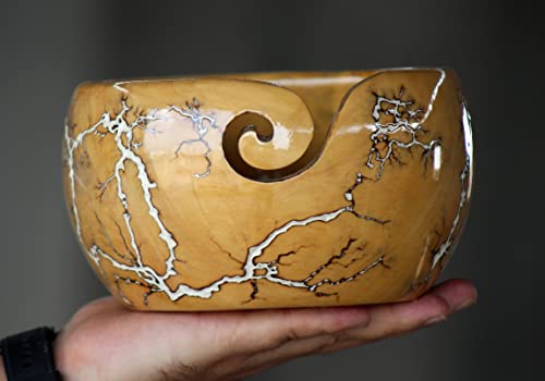 Image of Lichtenberg Figure Yarn Bowl - Handmade Wooden Yarn Bowl for Knitting Yarn Ball Holder - Yarn Bowls with Holes Crochet Bowl Holder - Yarn Storage Bowl 7 inch x 4 inch inches (White)