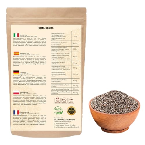 Chiasamen 200g – 100% Natürlich, Reich an Omega-3, Ballaststoffen & Eiweiß – Vegan, Glutenfrei, Rohes Superfood – Ideal für Smoothies, Backen, Porridge, Salate – Wiederverschließbarer Beutel