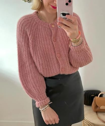 Image of Women's Casual Puff Long Sleeve Crew Neck Cardigan Button Down Open Front Knit Loose Sweater Outwear