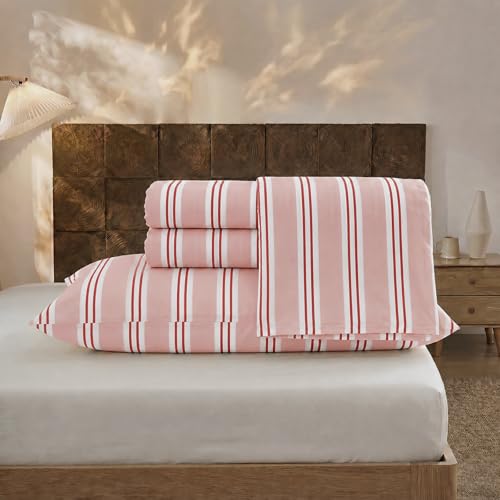 Image of Merryword 100% Cotton Sheet Set King Size, Pink Stripes Bedding, Soft Breathable Percale Weave, Modern Minimalist, Luxury Linen Like, Deep Pocket Fitted Sheet 17.5 inch