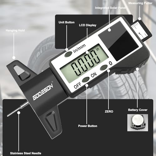 Image of GODESON Digital Tire Tread Depth Gauge, Solar & Battery Power,1 inch / 25.4mm Range, Inch /MM Display, Black Universal Tire Wear Depth Gauge for All Vehicles (Car, Truck, SUV)