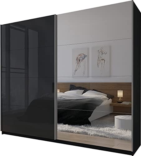 Domando Kleiderschrank Sila Modern für Schlafzimmer Breite 244cm, Schwebetüren, Hochglanz, Spiegel in Schwarz Matt und Schwarz Hochglanz mit Spiegel Cover