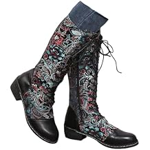ZKXYFFS Knee High Boots for Women Vintage Ethnic Flower Design Round Toe Chunky Low Heel Mid Calf Lace Up Motorcycle Riding Boots Embroidered Western Cowboy Boot