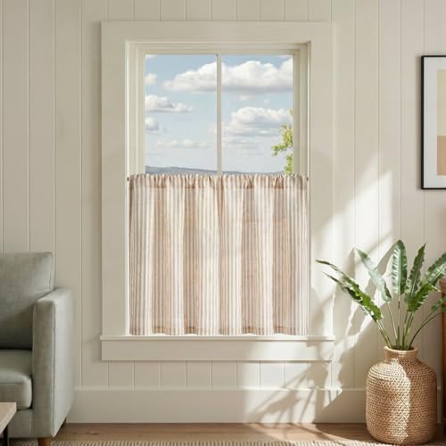 jinchan Striped Linen Kitchen Tier Curtains 30 Inch Tan 2 Panels