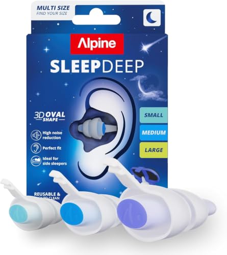 Alpine SleepDeep Starterpack - Ear Plugs for Sleep - 3D Oval Shaped and Reusable Noise Cancelling Ear Plugs - 27dB Noise Reduction - for Side Sleepers and Blocks Out Snoring (Size S+M+L)