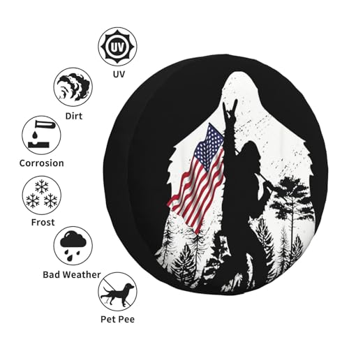 Image of Spare Tire Cover with Camping Bigfoot American Flag Pattern Wheel Protectors Weatherproof Wheel Covers Universal Fit for SUV Truck Rv Travel Camper Trailers Accessories 17inch