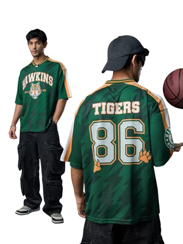 Image of The Souled Store Stranger Things: Hawkins Tigers Men and Boys Short Sleeves V-Neck Dark Green Graphic Printed Easy Dry Polyester Sporty Varsity Oversized Jerseys