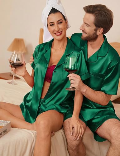 Image of Ekouaer Couple Matching Pajamas Sets Silk Short Sleeve Button Down Sleepwear Satin Pjs Shorts Set Soft Loungewear S-XXL