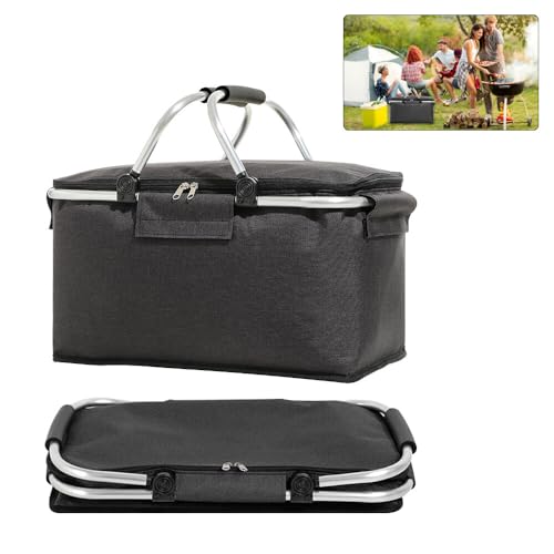 ZOYDP Einkaufskorb Faltbar 18L, Thermo Einkaufskorb als Picknickkorb，Einkaufskorb mit Deckel, Aluminiumgestänge Tragegriffen und Reißverschluss, Einkaufskorb Schwarz für Reisen, Picknick, Einkaufen