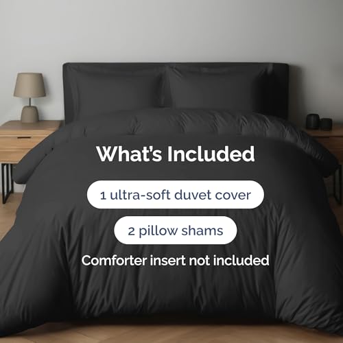 Image of Duvet Cover Full Size Set - Extra Soft Full Duvet Cover 80 inch x 90 inch with 2 Pillow Shams for Women, Men, Kids & Teens - Hotel Luxury, Easy-Care w / Zipper Closures & Ties - Comfy and Breathable (Black)