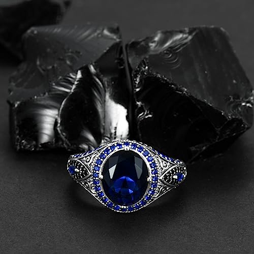 Silver Blue Sapphire Ring for Men Solid 925 Sterling Silver Oxidized Handmade Trendy Men's Ring Customized Ottoman Blue Gemstone Ring for Men Boyfriend Husband Engagement Wedding Size 4 to 164