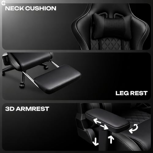 Image of CELLBELL Shadow FT Ergonomic Gaming Chair with Footrest Premium PU Leather 4D Armrests 180 Degree Recline Class 4 Hydraulic Tilt Lock Diamond Design Heavy Duty Base 60mm Wheels (Black)