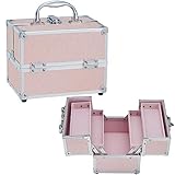 Kosmetikkoffer Aluminium mit Schloss & Spiegel - Roségold Make-up Koffer Organizer mit Viel Stauraum, Kompakter Beauty Koffer für Damen & Mädchen