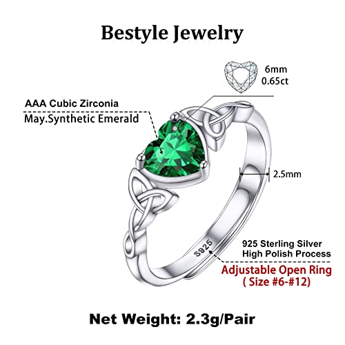 Bestyle Heart May Emerald Birthstone Rings Celtic Knot Bands Mother Ring Minimalist Sterling Silver Open Band Gemstone Rings For Birthday/Christmas/Party/Anniversary/Wedding #TOP4