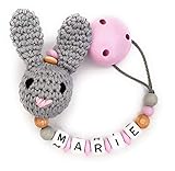 Schnullerkette mit Namen Gravur S&uuml;&szlig;er Hase Geschenk Taufe Geburt Silikonring individuell | M&auml;dchen rosa Namenskette