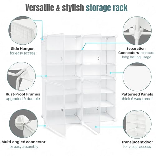 Image of ABOUT SPACE PP Plastic 24 Pair DIY Shoe Rack for Home with Door&Hanger-Portable Shoe Stand-4 Cube Expandable Shelves-Shoe Cabinet for Balcony,Men,Women,Heels,Boots,Loafers,Sneakers,Slippers(White)