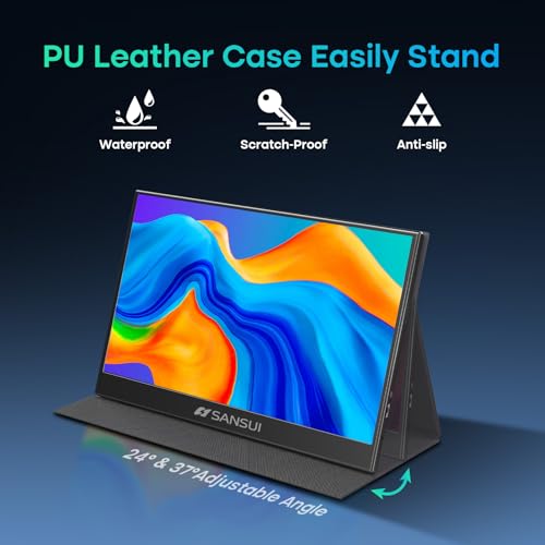 Image of SANSUI Portable Monitor 15.6 Inch FHD 1080P Travel Monitor for Laptop, USB C HDMI Ultra-Thin IPS Computer Display with Speakers & PU Leather Stand Cover, for PC Mac mini Phone Switch Gaming