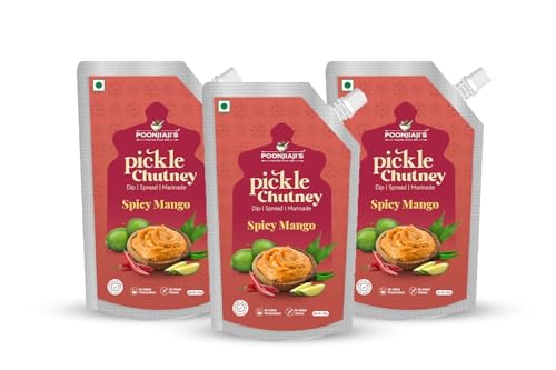 Image of POONJIAJI'S Chutney 200g x 3 | Ready-to-Eat Sweet & Sour Tangy Sauce | Perfect Indian Condiment for Snacks, Samosas & Chaat | No Preservatives (Raw Mango Pickle Chutney)