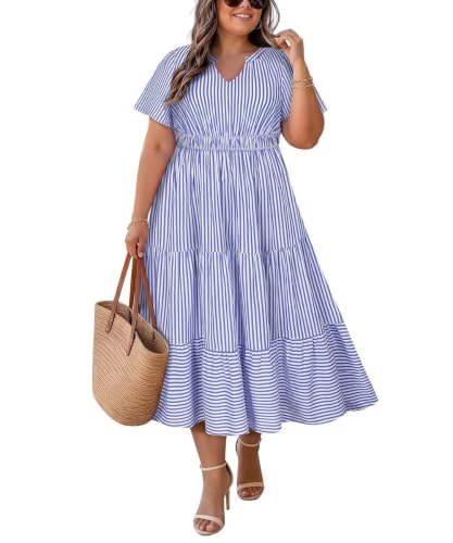 Image of TIYOMI Women Plus Size Dress Boho V Neck Short Sleeve Beach Maxi Dresses Floral /Stripe /Leaves /Lemon XL-5XL