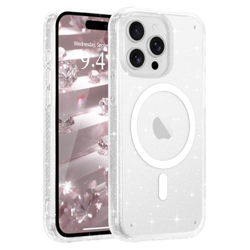 Micoden Coque Magnétique pour iPhone 15 Pro en Silicone, Compatible avec MagSafe Etui Glitter Transparant Mat Arrière Housse Fine Protection Antichoc...