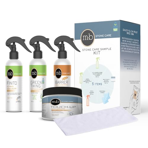 MB Stone Care Sample Kit - MB-11 Marble Etch Remover for Light to Neutral Colored Calcite Based Stone GT-1 Green Thing MB-24 Barrier Sealer Finito Finishing Spray Microfiber Towels