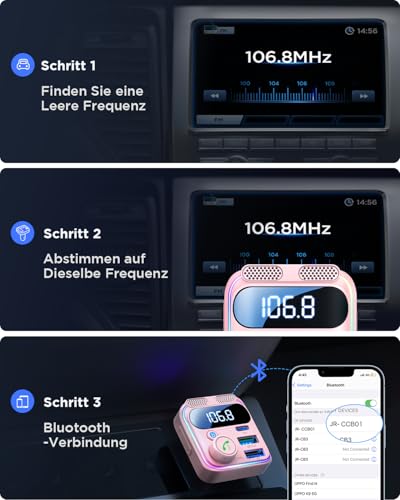 JOYROOM 81W Bluetooth Adapter Auto,【45W PD & Bass Hi-Fi Stereo】 2026 Version FM Transmitter Auto Bluetooth5.4,【36W QC3.0 & Freisprechanlage】 Dual-Mikrofon & LED-Licht, Bluetooth & U-Disk (Rosa)