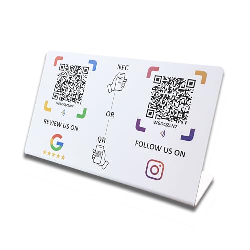 NFC & QR Code Review & Social Media Sign – Works with Google Reviews, Instagram, Facebook & Websites, Tap or Scan to Get More Reviews & Followers, No App Needed, Waterproof PVC Stand Display (Google Review + Instagram)