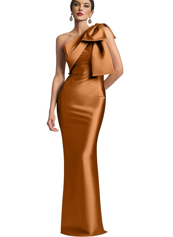 Image of One Shoulder Bridesmaid Dresses with Bow Long Mermaid Satin Back Slit Mother of The Bride Dresses PM004