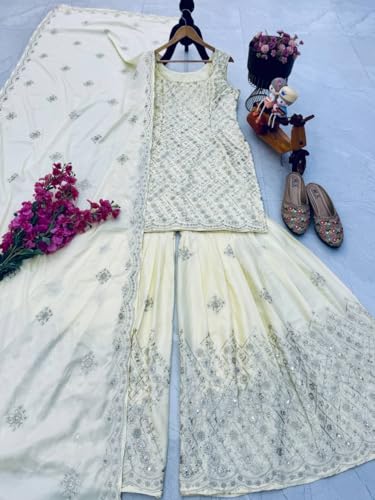 Image of Party Top Palazzo and Dupatta Set with Elegant Embroidery, Stylish Detailing, and Contemporary Design | Natural Crap Fabric | Perfect for Weddings, Parties and Special Occasions
