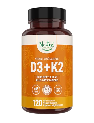 Nested Naturals – Vitamin D3+K2 | Supports a Healthy Immune System, Heart, & Strong Bones | 100% Vegan & Non GMO | 5000 IU Vitamin D3 from Lichen with 100 mcg Vitamin K2 MK-7-60 D3K2 Capsules
