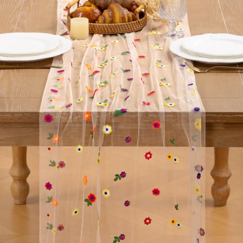Image of MLMC Spring Floral Table Runner 10ft Seasonal Tulle Daisy Embroidery Table Runner Colorful Flower Holiday Kitchen Dining Table Decoration for Wedding Home Tea Party Outdoor Picnic Decor