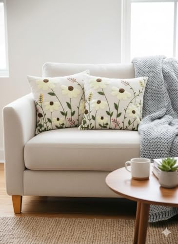 Image of CASA-NEST Linen Embroidery Cushion Cover, Size -16x16 inch, Pack of 2 pc, Decorative Sofa Cushion (Cream, 2)