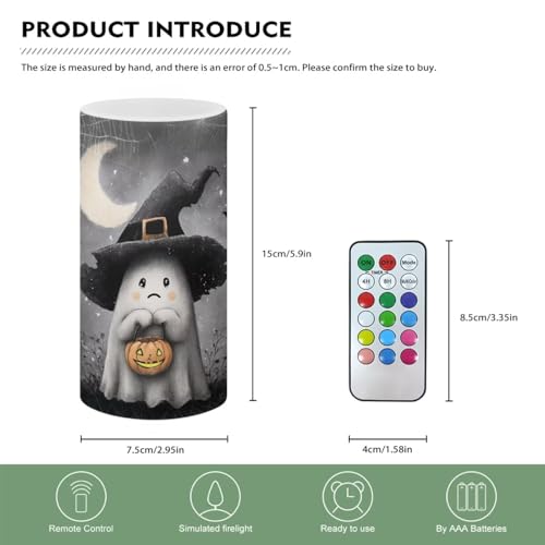 Image of Poceacles Wizard Hat Ghost Pumpkin Moon Gray Flameless Candle Battery Powered with Remote Control 12 Colors 4 /8 Hours Timer LED Night Lights Pillar Candle Tealights Halloween Decorations