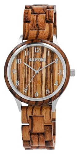 Raptor Herren-Holzuhr Edelstahl Faltschließe, Analog Quarz, Natur, Freizeit, Business, Holzuhr für Männer