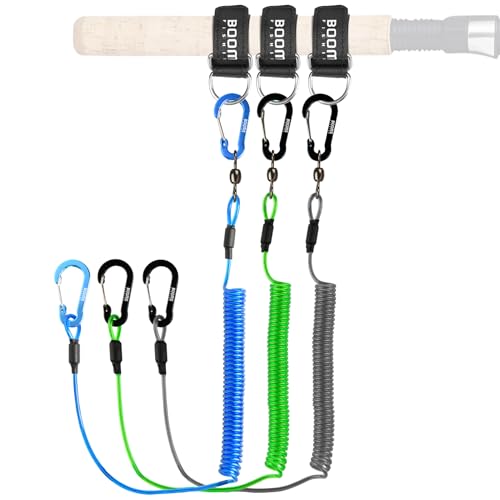 Booms Fishing T02 Fishing Pole Tether with 7.1' Belt, Kayak Paddle Leash, Paddle Board Fishing Accessories, Heavy Duty Fishing Lanyard for Fishing Tools/Rods/Paddles, Multicolor 3pcs