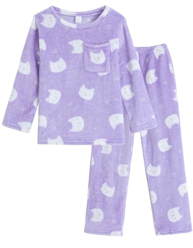Girls Round Neck Flannel Pajama Sets Winter Long Sleeve Long Pants Cattoon Plush Sleepwear Nighty Size 8 to 16