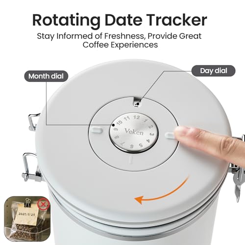 Image of Veken Coffee Canister,39OZ, 2.2lbs,Large Airtight Stainless Steel Container | Date Tracker, Kitchen Food Storage Jars for Beans,Ground, Espresso, Rice,Tea, Sugar, Cereal, Cookie,Gifts, Lids, Scoop, White
