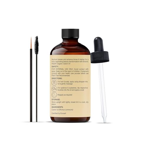 Image of Botanic Hearth Castor Oil | USDA Certified Organic |100% Pure & Hexane Free | Cold Pressed | Growth for Eyelashes, Eyebrows, Hair | With Eyebrow & Eyelash Brush | 2fl oz