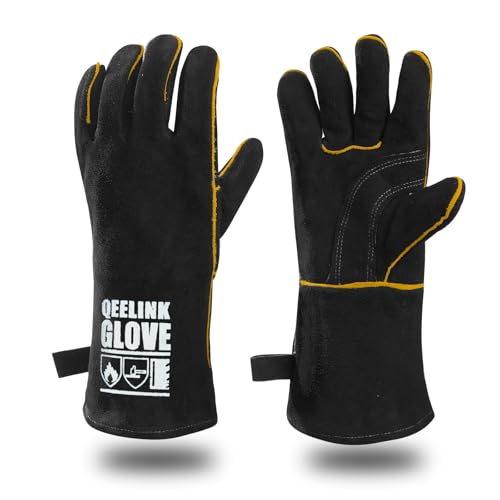 QeeLink Guantes de soldadura largos, resistentes al calor y al desgaste, forrados, de cuero, resistentes al fuego, para soldadores, chimeneas, barbacoas, jardinería