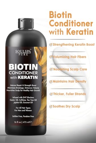 Image of Biotin Conditioner with Keratin - Intense Repair & Strength Boost Formula - Nourishes Scalp for Healthy Hair Growth, with Tea Tree Oil & DHT Blockers, for Men & Women, 16 fl oz - SOULSPA PURE
