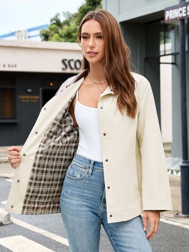 Womens Casual Button Down Jacket Stand Collar Work Office Trench Coat Outwear with Checkered Lining3