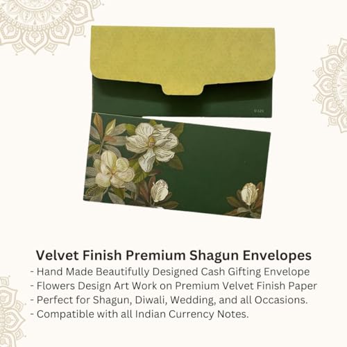 Vanya Creations Pack of 10, Flower Design Shagun Envelopes for Gifting Cash Money Cover Velvet Finish Paper Tuck Flap Designer Sagan Lifafa Wedding Occasion, 19 X 9.5 cm, Dark Green Color