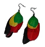 Tiger Smile Women's Green Yellow Red Black Rasta Feather Hoop Earrings with Silvertone 3' Long