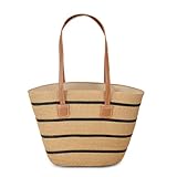 Bolsa Feminina De Palha Grande Moda Praia Verão Passeio Com Alça De Ombro Reforçada Estilosa Elegante Tedencia Verão Mar Piscina Piquinique Férias Bolsa De Palha Sintetica Luxuosa (Marrom/Listrado)