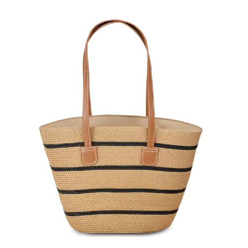 Bolsa Feminina De Palha Grande Moda Praia Verão Passeio Com Alça De Ombro Reforçada Estilosa Elegante Tedencia Verão Mar Piscina Piquinique Férias Bolsa De Palha Sintetica Luxuosa (Marrom/Listrado)