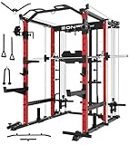 EonfitOmni Eonfit E5 Smith Machine with Vertical Leg Press, Power Cage Squat Rack with LAT-Pull Down Cable Crossover Rotating Arms System Home Gym Equipment All in One (RED, STD)