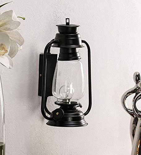 Image of Vintage Lantern Wall Light for Home Decor, Iron & Glass Antique Sconce Lamp for Living Room Bedroom Hall, Indoor Wall Lighting, Black (Bulb Not Included) Pack of 1