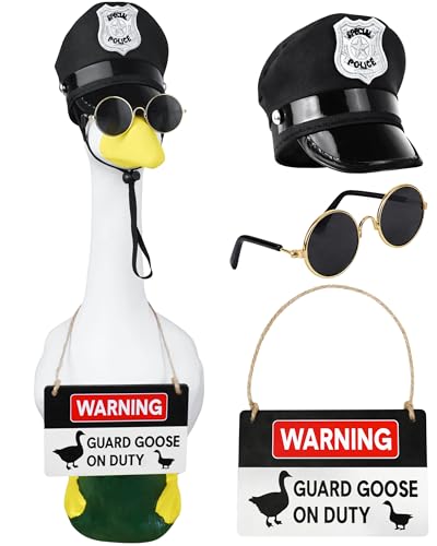 Horolam Porch Goose Outfits 17/23 Yard Guard Goose Outfit with Porch Goose Sign Goose Police Hat Eyeglasses Wooden Gooses Warning Sign Danger for Patio Lawn Garden Decoration